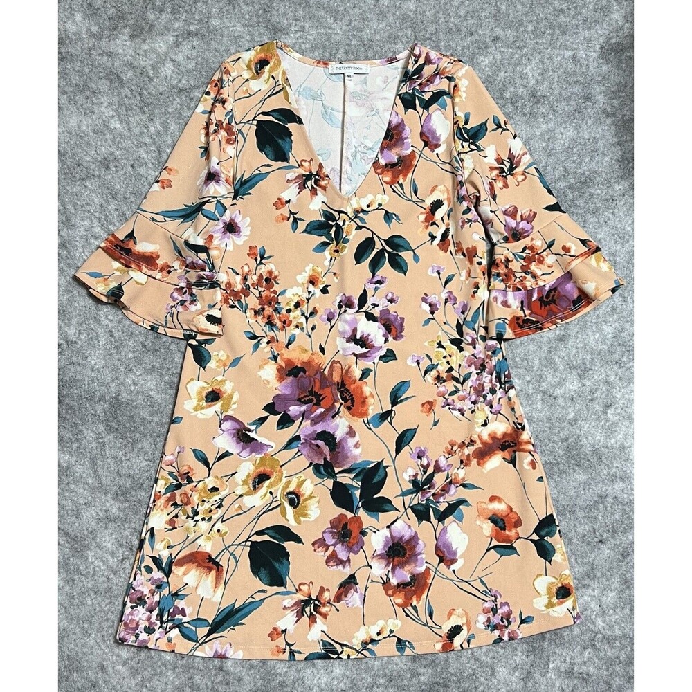 The Vanity Room Dress Women’s XL Orange Shift Midi Floral 3/4 Ruffle Bell Sleeve
